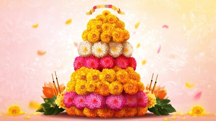 Happy Bathukamma Greetings In Telugu language Typography. Abstract Yellow Traditional floral Background