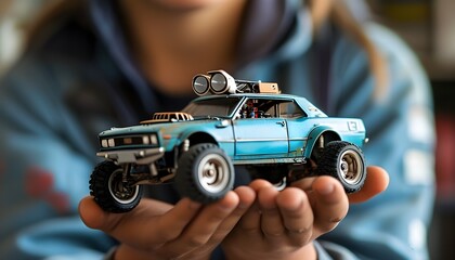 Student proudly showcasing a DIY robot car in a close-up view