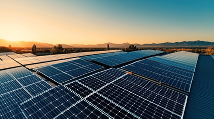 Sticker - A large array of solar panels on a rooftop capturing sunlight during a sunset with a scenic landscape and mountains in the background.