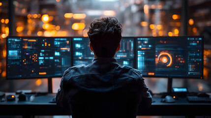 Hombre trabajando frente a  múltiples pantallas de datos en un entorno tecnológico