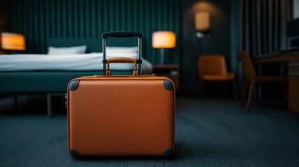 Wall Mural - A small orange suitcase with a retractable handle is placed in the center of a modern hotel room with contemporary furnishings and warm lighting.