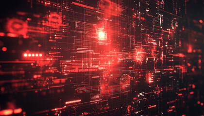 Abstract red digital binary code running through network cyberspace