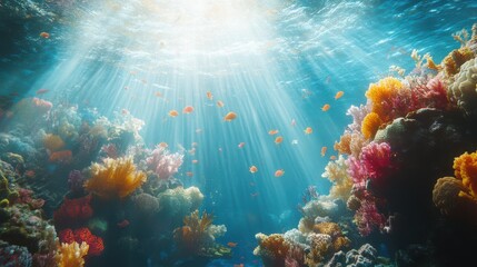 Close-up of a vibrant coral reef teeming with colorful marine life, with sunlight filtering through the crystal-clear water