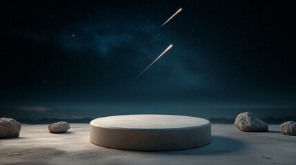Wall Mural - Space  mockup podium for product presentation on asteroid field with meteors streaking across  dark starry sky