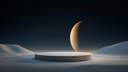 Wall Mural - space mockup podium for product presentation on moon with frozen craters and distant gas giant plane