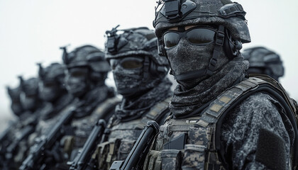 Group of special forces soldiers walking in the smoke during assault operation