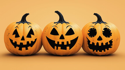 Three smiling jack-o-lantern pumpkins in festive Halloween design