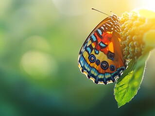 A vibrant butterfly perched on a green leaf, showcasing stunning colors in soft sunlight. Nature's beauty in full display.