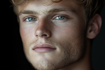 Close-up of a young man with freckles and intense gaze