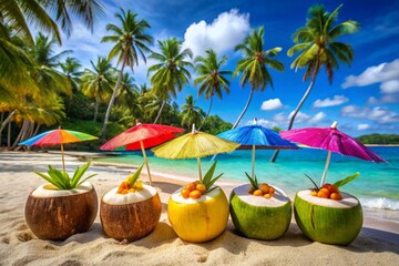 Wall Mural - A beach scene with many people and umbrellas