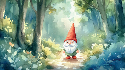 Wall Mural - Gnome Merrily Striding To Work Through Woods Watercolor Illustration For Childrens Book Adorable Character Walking Colorful Forest Scene Playful Woodland Adventure Kids Storybook