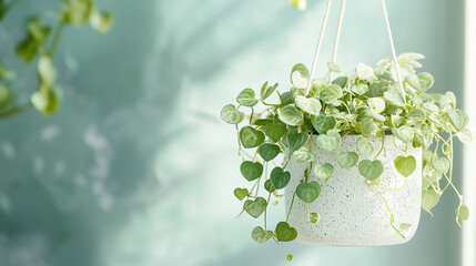 A white pot with a plant hanging from it