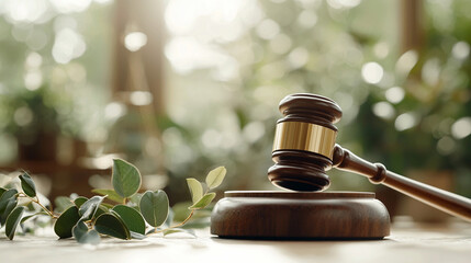 A wooden gavel sits on a wooden podium with a leafy green background