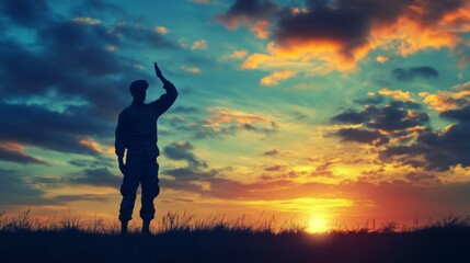 Saluting Soldier at Sunset