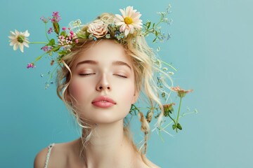 A woman with a flower headdress and a blue background, generative ai image