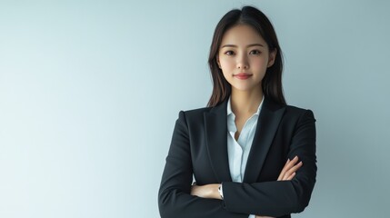 Close up of young Asian businesswoman in a black suit, black long hair, stands with crossed arms, smiling at the camera. Successful beautiful lady isolated on a white background, Portrait person