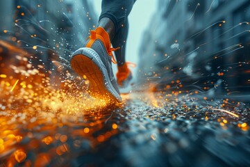 a person running on a city street with bright lights