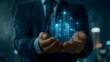 © Deris Firmansyah - Business man with design modern building blue hologram. Real estate for investment