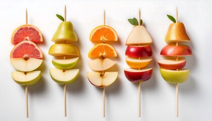 Wall Mural - Colorful Fruit Skewers on White Background