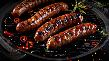 Top view of a Sucuk beef sausage sizzling on a grill, set against a black background with ample copy space for an image.