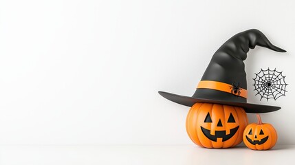 Enchanting Spooky Halloween Witch Hat with Spider Web and Pumpkins on White Background