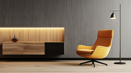 Modern interior design with a yellow armchair, a floor lamp, and a floating wooden cabinet with ambient lighting and a decorative vase on a wooden floor.