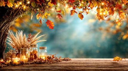 Poster - Autumn Rustic Scene with Candles, Mason Jars, and Foliage on Wooden Table.Home decor for fall holidays