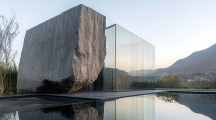 Wall Mural - Front view of a concrete and glass structure with an abstract, rock-like profile.