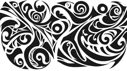 Wall Mural - Maori tattoo-inspired design featuring warrior patterns with swirling motifs and intricate curves, traditional black ink, High quality, sharp images, graphic, illustration