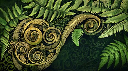 Wall Mural - Maori tattoo art featuring fern-like koru motifs and intricate spiral designs, representing life and renewal, High quality, sharp images, graphic, illustration