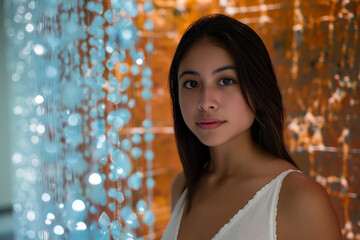 Wall Mural - Brunette teenage girl, big brown eyes is standing in front of a wall with a blue and orange background looking. Young Hispanic woman wearing a white tank top