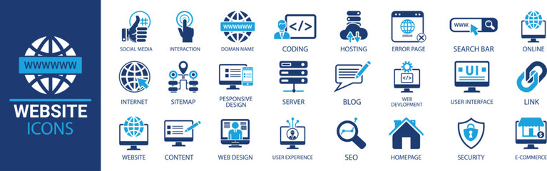 Adobe Illustrator ArtworkWebsite icon set. Containing web design, internet, content, SEO, hosting, server, homepage and e-commerce icon. Solid icon collection. Vector illustration