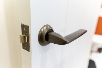 This captivating image showcases a beautifully designed door handle on a clean white door, highlighting its intricate details and rich texture as an essential household fixture