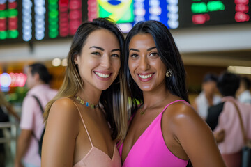 Wall Mural - Two women are smiling at the camera in a pink dress