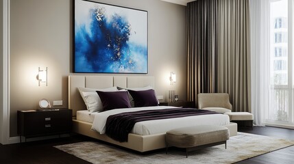 Sophisticated bedroom featuring a blue abstract painting, light beige and silver theme, with dark white and light maroon details, calming and elegant