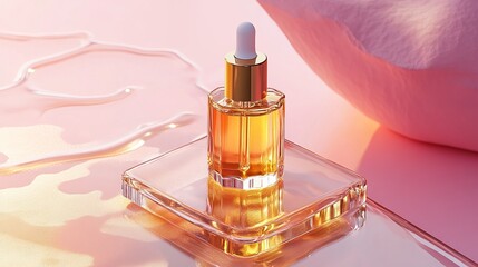 A sleek skincare serum dropper, dispensing golden cosmetic liquid onto a clear glass palette, presented on a pastel-colored background