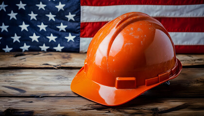 Labor day Layout with American Flag and Hard Hat - Patriotic Focus- A close-up view of an orange hard hat placed on a rustic wooden tabletop. Graphic art illustration lay