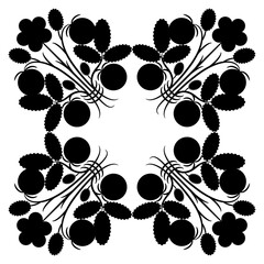 Square floral ornament or frame with branches of strawberry plant. Geometrical botanical design with leaves, flowers and berries. Black silhouette on white background.