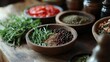 © Ilmi - Food ingredients background. Herbs and spices on the table, ingredients for cooking food