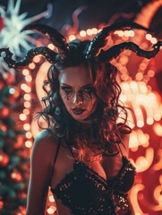 Poster - gorgeous demon girl in tight outfit celebrating Halloween, AI Generative