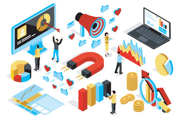 Aufkleber - Marketing strategy 3d isometric mega set in isometry graphic design. Collection elements of data analysis, charts, target, megaphone, laptop, statistics, magnet, content, other. Vector illustration.