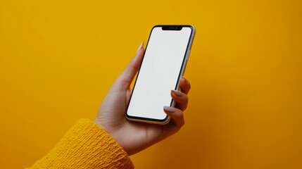 A person holding a smartphone with a blank screen against a vibrant yellow background in a bright setting