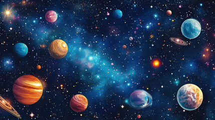 A colorful space scene with three planets and a star