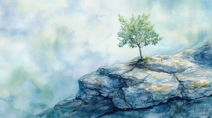 Wall Mural - Watercolor image of a small tree growing from the cracks of a stone, nestled on a mountain slope, with soft blue and green washes