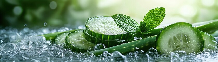 Wall Mural - Cooling aloe gel with crushed mint leaves, cucumber slices, and aloe vera extract, crisp green tones, hyper-detailed, refreshing design, water drops