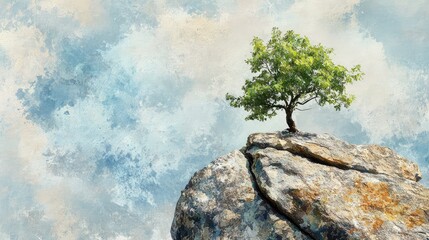 Wall Mural - A small tree emerging from the cracks of a boulder on a mountain, watercolor style, blending earthy browns and greens with soft blue sky