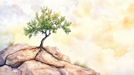 Wall Mural - A tree growing from the cracks of a stone on a mountain, watercolor painting, with delicate greens and browns, set against a gentle sky