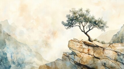 Wall Mural - A tree growing out of the cracks of a stone on a mountainside, painted in delicate watercolor hues, blending earthy tones with a light sky