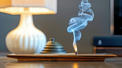 A long, thin stick of incense smoldering on an elegant wooden shelf