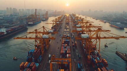 Sunset over industrial port with cargo ships